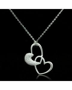 JCE036 Rhodium 925 Sterling Silver Chain double heart Pendant with AAA Grade CZ in Clear